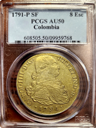1791-P-SF Colombia 8 Escudo – PCGS AU50 | In Holder