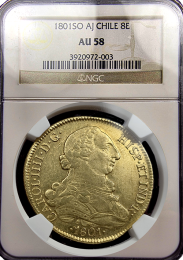 1801 | Chilean 8 Escudo | NGC About Unc. 58 | In Holder