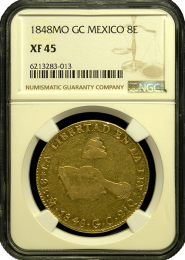 1748-MO-GC Mexico 8 Escudo Gold Coin – "Hand on Book" | NGC XF45 | In Holder